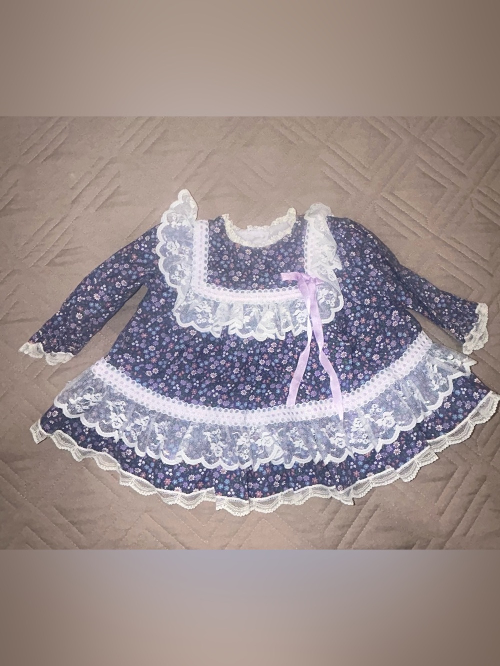 Vintage Bryan Baby Dress Navy Floral Lace Full Circle Size 9 Months 1980s